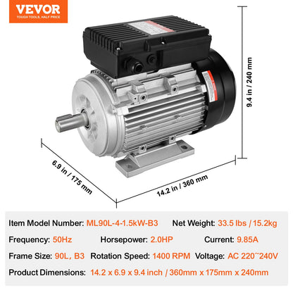 1.5KW Electric Motor 1400 rpm, AC 220~240V 9.85A, 90L, B3 Frame, Air Compressor Motor Single Phase, 24mm Keyed Shaft, CW/CCW Rotation for Agricultural Machinery and General Equipment