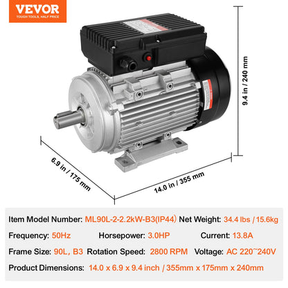 2.2KW Electric Motor 2800 rpm, AC 220~240V 13.8A, 90L, B3 Frame, Air Compressor Motor Single Phase, 24mm Keyed Shaft, CW/CCW Rotation for Agricultural Machinery and General Equipment