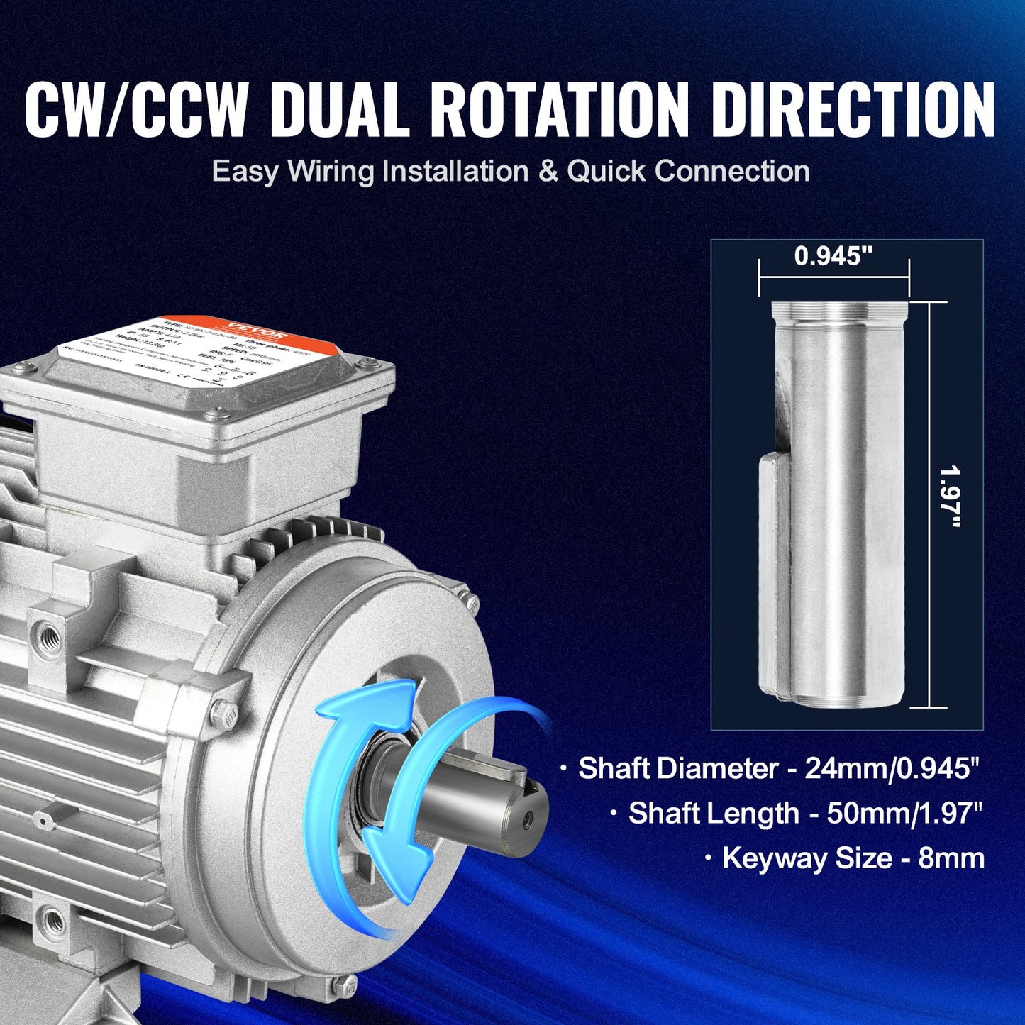 1.5KW Electric Motor 3000 rpm, AC 230V/400V 9.5A/3.5A, 90L, B3 Frame, Air Compressor Motor 3-Phase, 24mm Keyed Shaft, CW/CCW Rotation for Agricultural Machinery and General Equipment