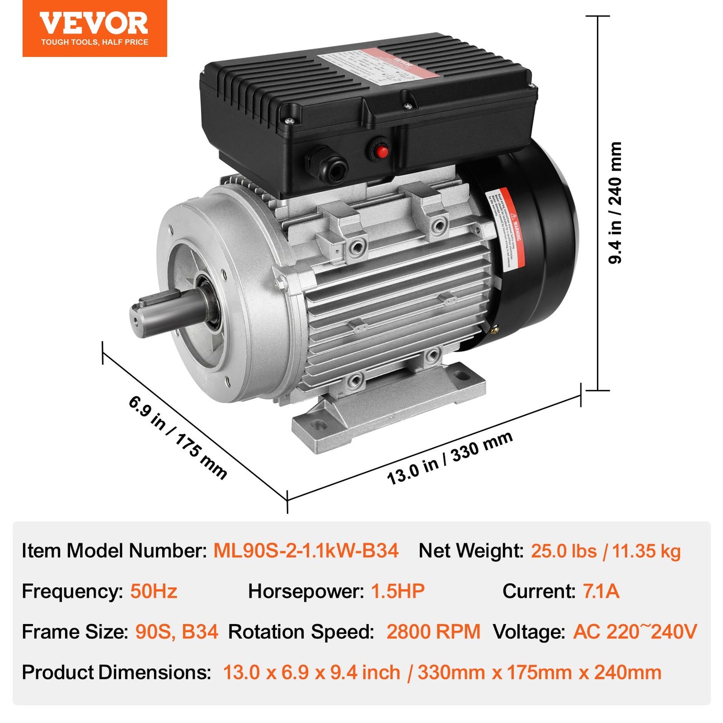 1,1 kW elmotor 2800 rpm, AC 220~240 V 7,1 A, 90 SEK, B34-ram, luftkompressormotor enfas, 24 mm kilaxel, medurs/moturs rotation för jordbruksmaskiner och allmän utrustning