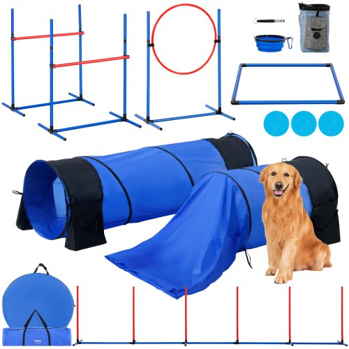 Dog Agility Training Equipment, 7 PCS Set w/ Adjustable High Hurdles,6 Weave Poles,2 Tunnels,Jump Ring,Pause Box, Whistle,Foldable Bowl,Puppy Obstacle Course Kit w/ 3 Bags