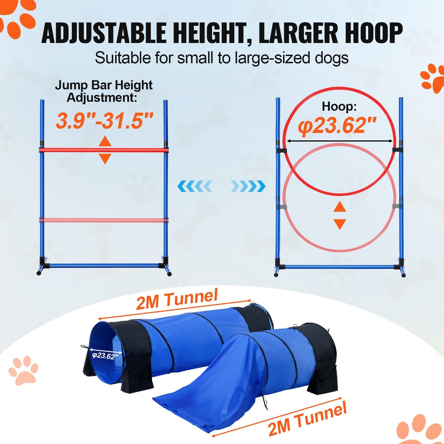 Dog Agility Training Equipment, 7 PCS Set w/ Adjustable High Hurdles,6 Weave Poles,2 Tunnels,Jump Ring,Pause Box, Whistle,Foldable Bowl,Puppy Obstacle Course Kit w/ 3 Bags