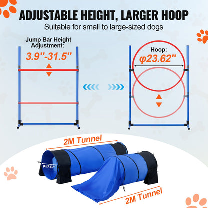 Dog Agility Training Equipment, 7 PCS Set w/ Adjustable High Hurdles,6 Weave Poles,2 Tunnels,Jump Ring,Pause Box, Whistle,Foldable Bowl,Puppy Obstacle Course Kit w/ 3 Bags