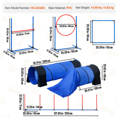 Dog Agility Training Equipment, 7 PCS Set w/ Adjustable High Hurdles,6 Weave Poles,2 Tunnels,Jump Ring,Pause Box, Whistle,Foldable Bowl,Puppy Obstacle Course Kit w/ 3 Bags