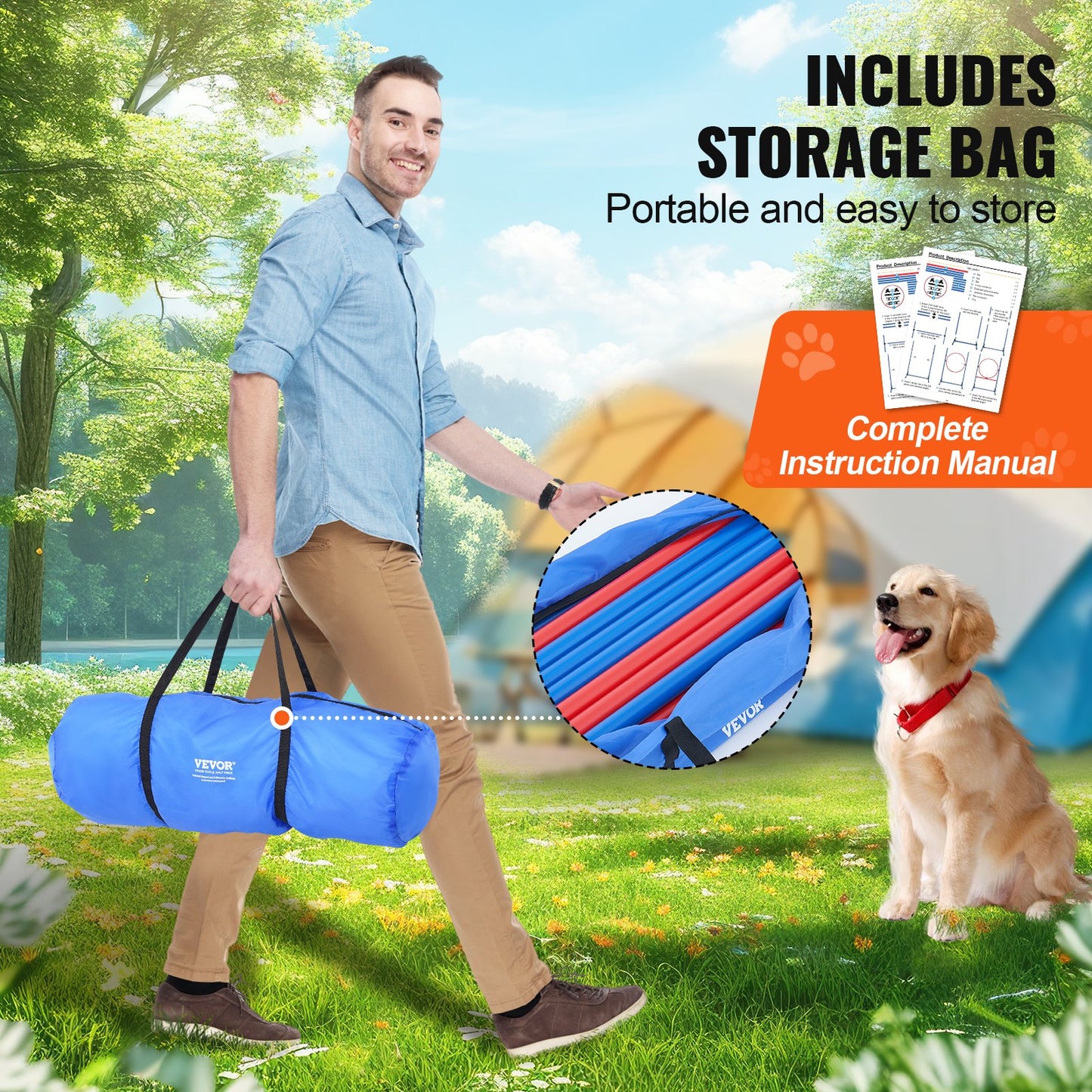 Dog Agility Training Equipment, 4 PCS Set with Adjustable High Hurdles,6 Weave Poles,Jump Ring,Square Pause Box,Whistle,Foldable Bowl, Puppy Obstacle Course Kit for Backyard, Indoor, Outdoor