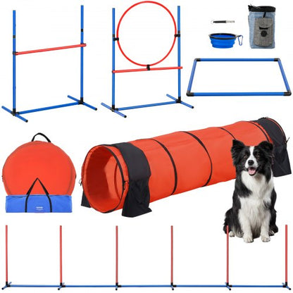 Dog Agility Training Equipment, 5 PCS Set Upgrade with Adjustable High Hurdles,6 Weave Poles,Extended Tunnel,Jump Ring,Pause Box,Whistle,Foldable Bowl,Puppy Obstacle Course Kit with Storage Bag