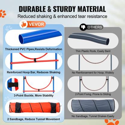 Dog Agility Training Equipment, 5 PCS Set Upgrade with Adjustable High Hurdles,6 Weave Poles,Extended Tunnel,Jump Ring,Pause Box,Whistle,Foldable Bowl,Puppy Obstacle Course Kit with Storage Bag
