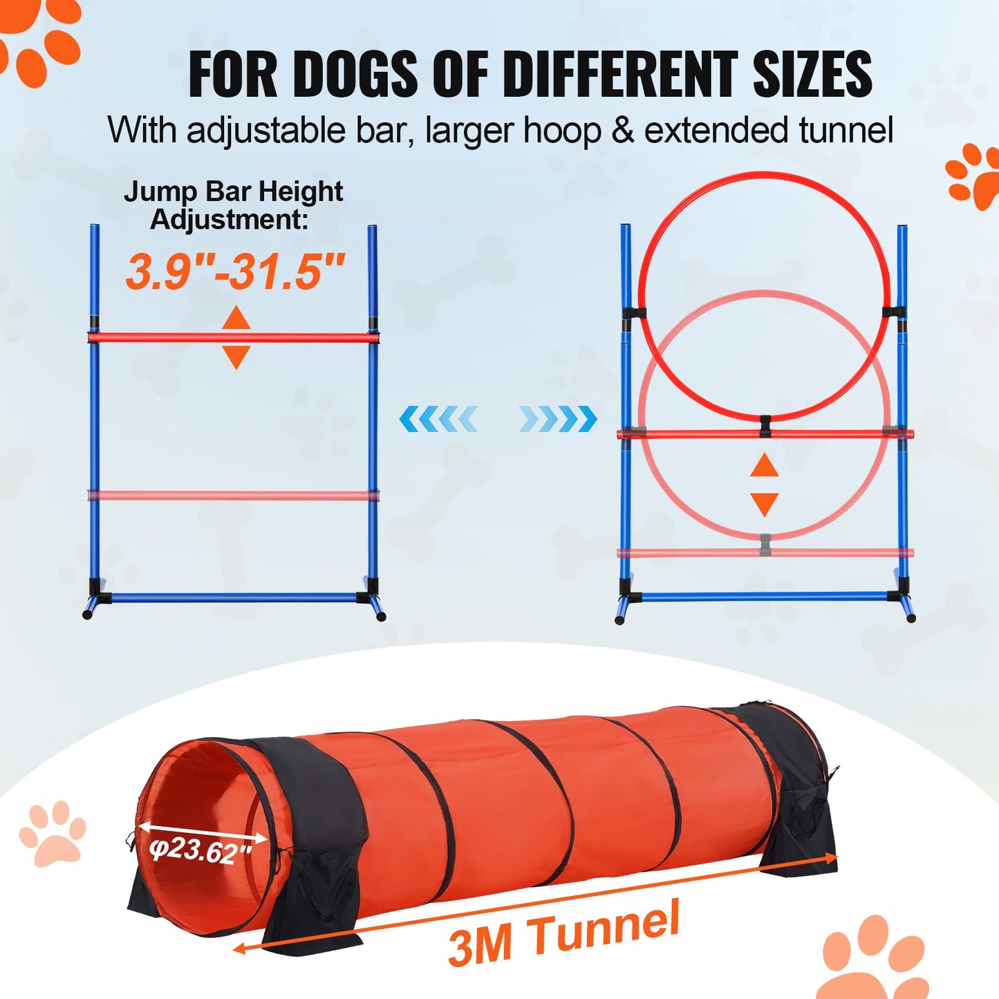 Dog Agility Training Equipment, 5 PCS Set Upgrade with Adjustable High Hurdles,6 Weave Poles,Extended Tunnel,Jump Ring,Pause Box,Whistle,Foldable Bowl,Puppy Obstacle Course Kit with Storage Bag
