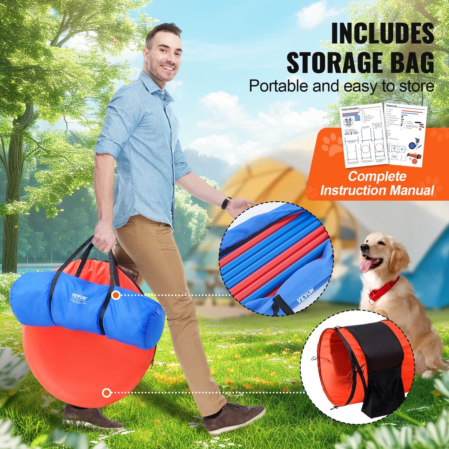 Dog Agility Training Equipment, 5 PCS Set Upgrade with Adjustable High Hurdles,6 Weave Poles,Extended Tunnel,Jump Ring,Pause Box,Whistle,Foldable Bowl,Puppy Obstacle Course Kit with Storage Bag