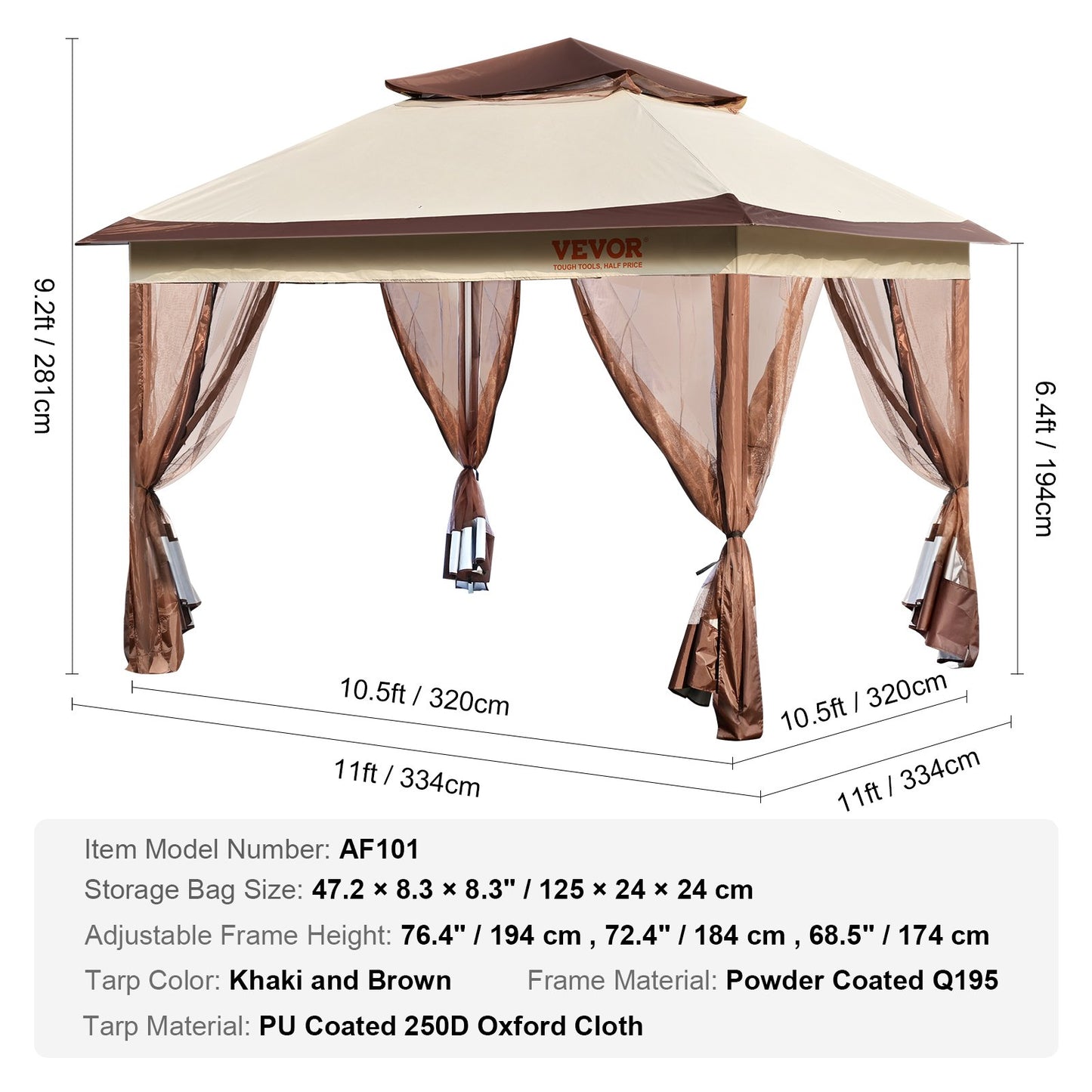 Patio Gazebo, 11 x 11 FT Pop up Gazebo for 8-10 Person, with Mosquito Netting, Metal Frame, and PU Coated 250D Oxford Cloth, Outdoor Canopy Shelter for Patio, Backyard, Lawn, Garden, Deck