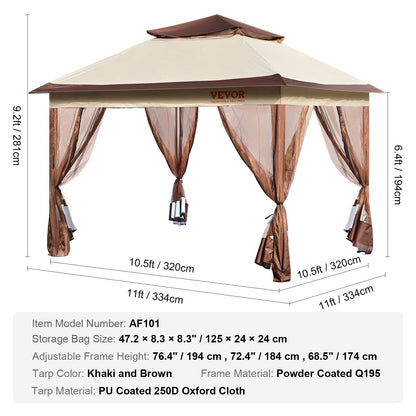 Patio Gazebo, 11 x 11 FT Pop up Gazebo for 8-10 Person, with Mosquito Netting, Metal Frame, and PU Coated 250D Oxford Cloth, Outdoor Canopy Shelter for Patio, Backyard, Lawn, Garden, Deck