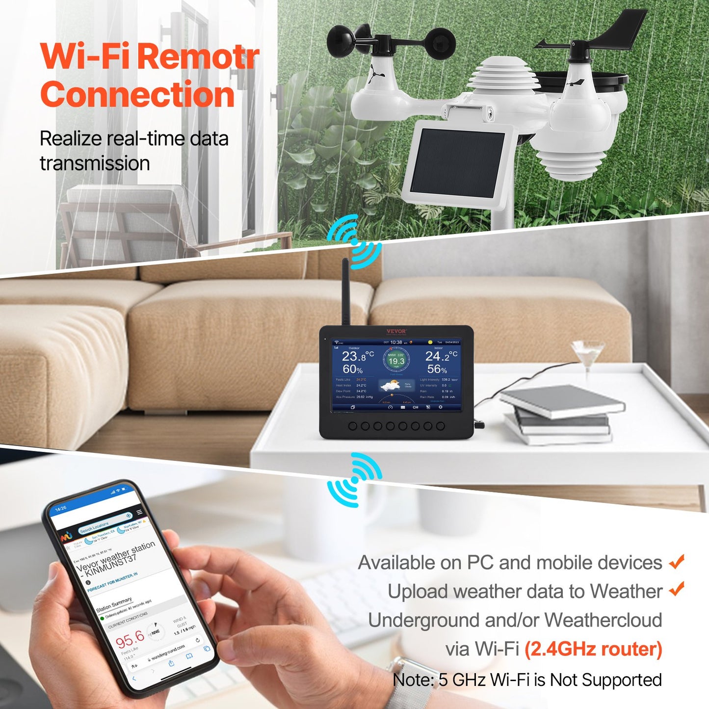 7-in-1 Wi-Fi Weather Station 186mm (7 in) TFT Display Wireless Outdoor Sensor