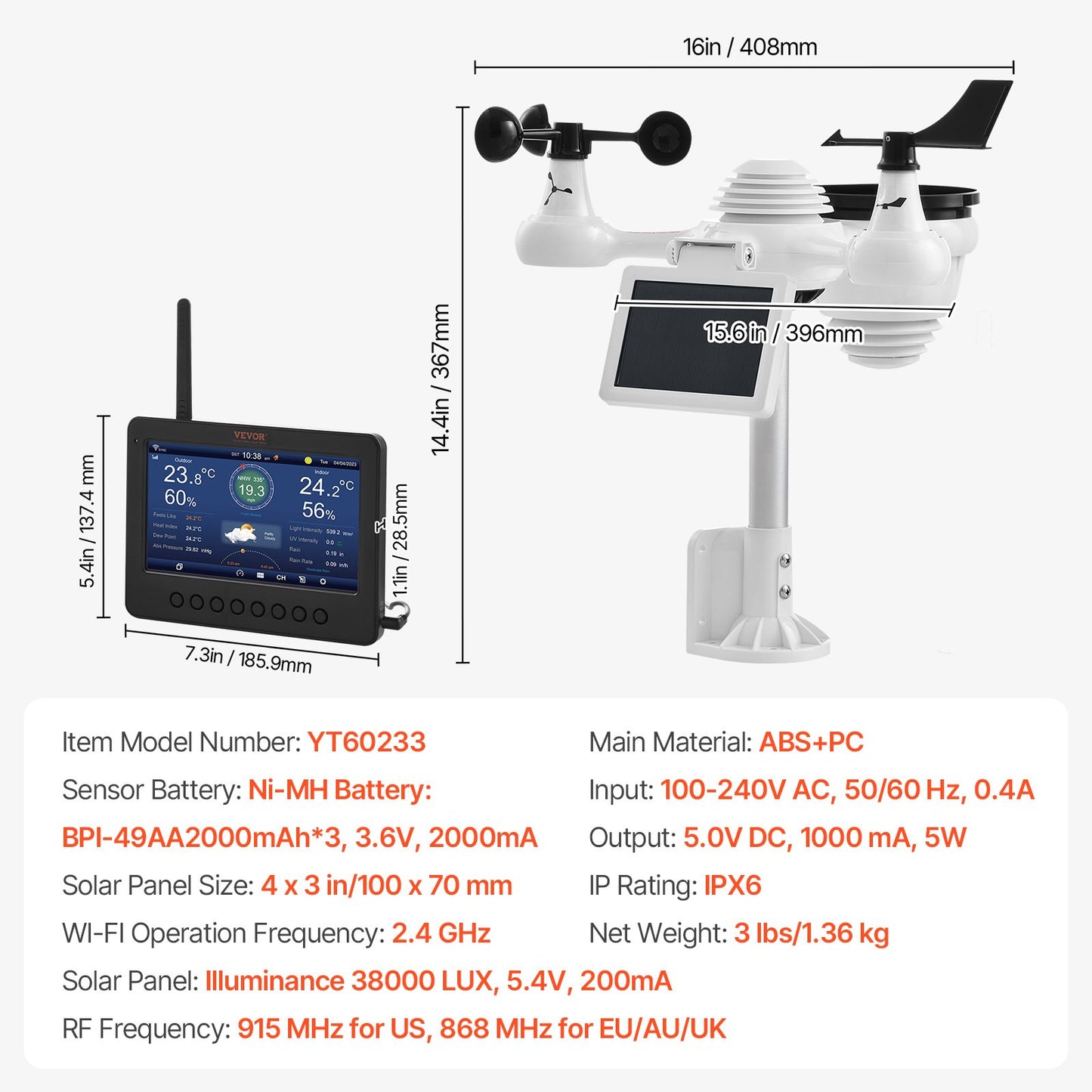 7-in-1 Wi-Fi Weather Station 186mm (7 in) TFT Display Wireless Outdoor Sensor