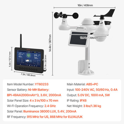 7-in-1 Wi-Fi Weather Station 186mm (7 in) TFT Display Wireless Outdoor Sensor