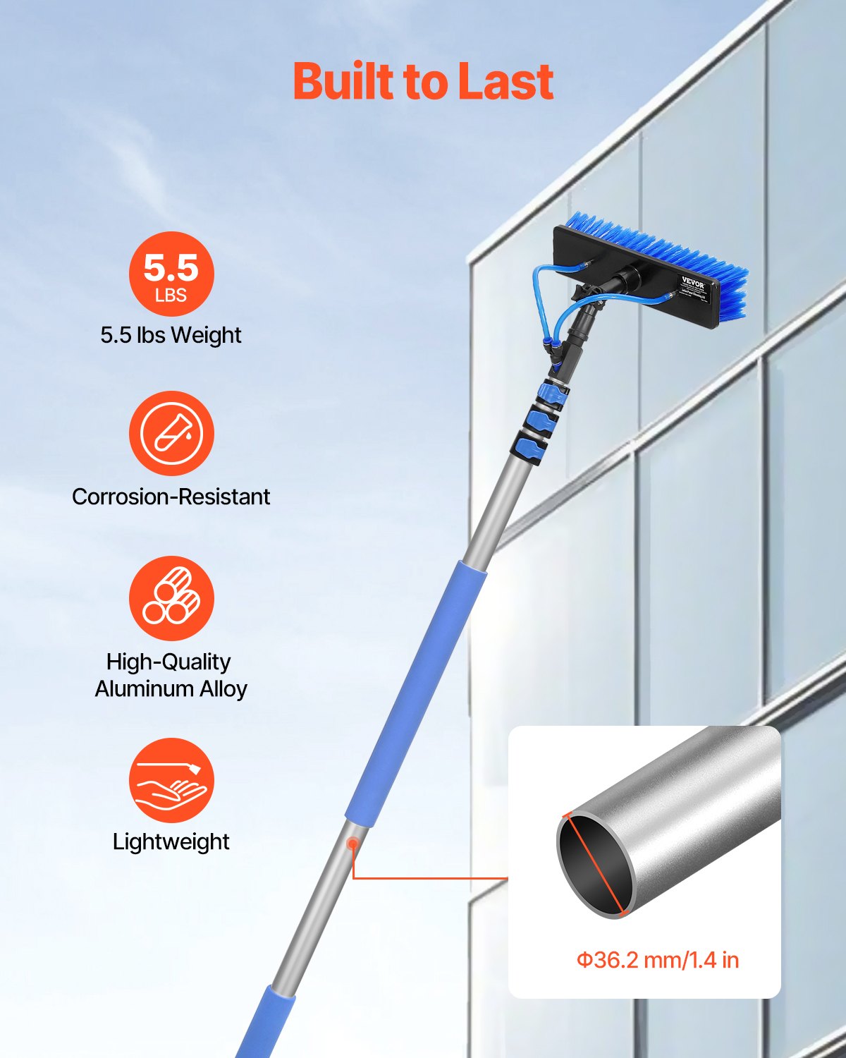 Vattenmatad stångsats, 3,6 m rengöringsstång för solpaneler med utdragbart handtag, 180° roterbart borsthuvud och 20 m slang, fönsterputsare för hushåll och utomhusbruk för solpaneldäck på husvagn