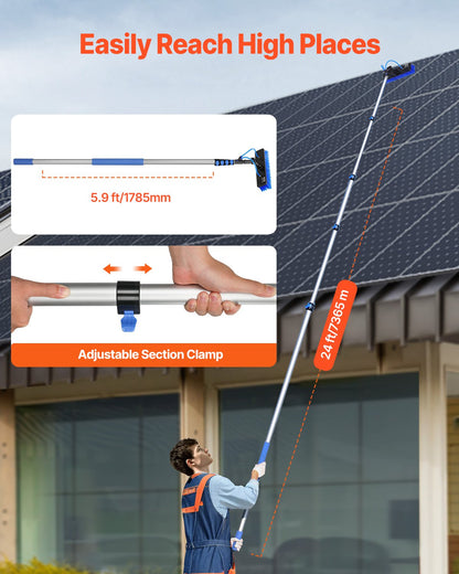 Water Fed Pole Kit, 7.3m Solar Panel Cleaning Pole with Extendable Handle, 180° Rotatable Brush Head & 20m Hose, Household & Outdoor Window Cleaner Tool for Caravan Solar Panel Deck