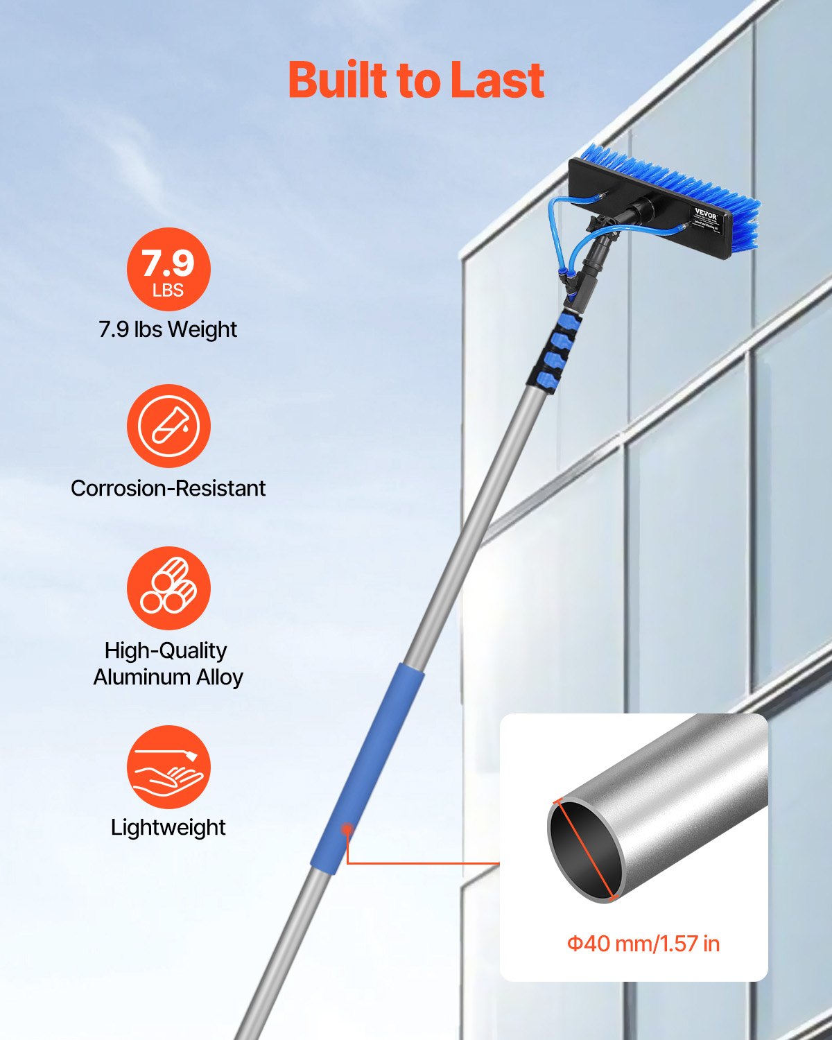 Water Fed Pole Kit, 7.3m Solar Panel Cleaning Pole with Extendable Handle, 180° Rotatable Brush Head & 20m Hose, Household & Outdoor Window Cleaner Tool for Caravan Solar Panel Deck