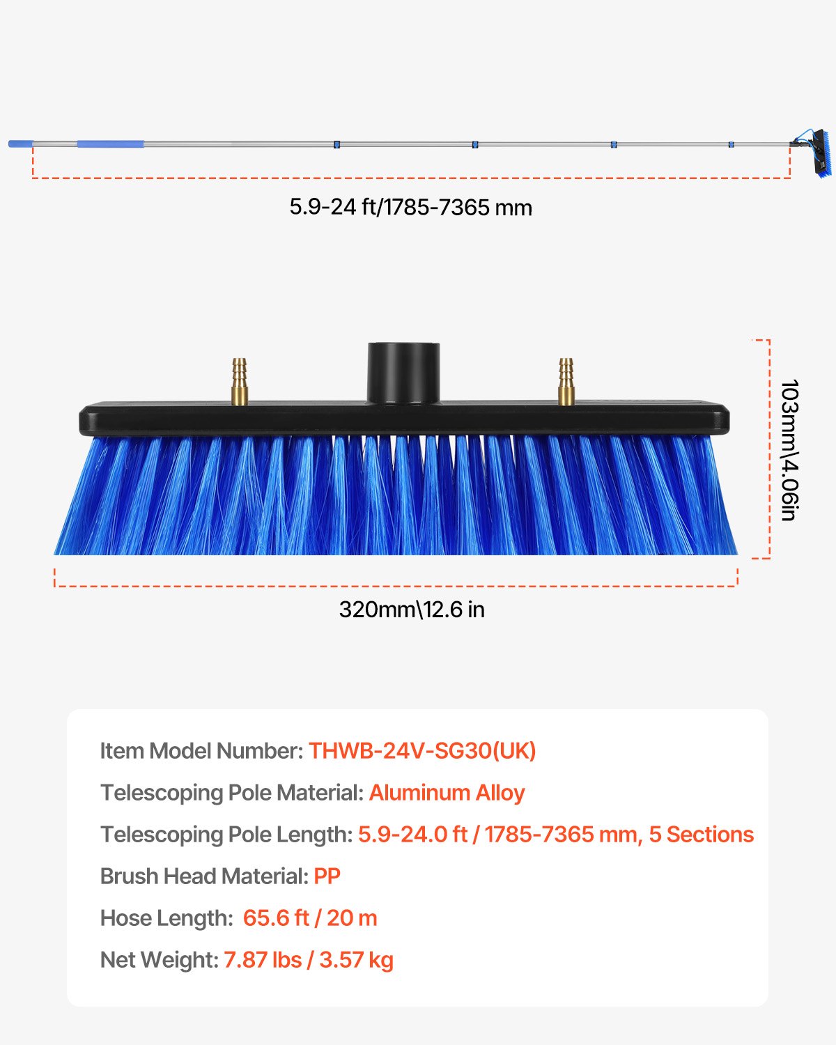 Water Fed Pole Kit, 7.3m Solar Panel Cleaning Pole with Extendable Handle, 180° Rotatable Brush Head & 20m Hose, Household & Outdoor Window Cleaner Tool for Caravan Solar Panel Deck