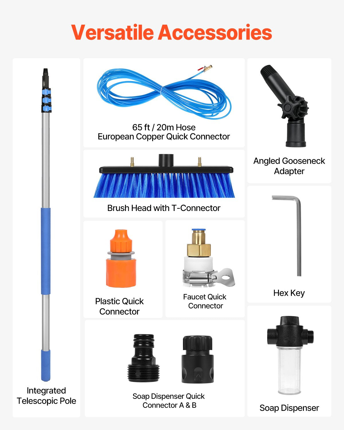 Vattenmatad stångsats, 6 m rengöringsstång för solpaneler med utdragbart handtag, 180° roterbart borsthuvud och 20 m slang, fönsterputsverktyg för hushåll och utomhusbruk för solpaneldäck på husvagn