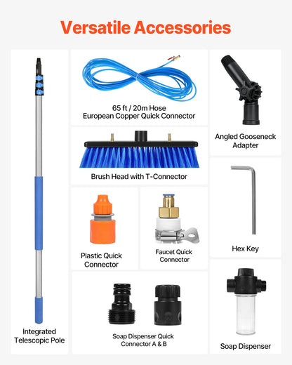 Vattenmatad stångsats, 6 m rengöringsstång för solpaneler med utdragbart handtag, 180° roterbart borsthuvud och 20 m slang, fönsterputsverktyg för hushåll och utomhusbruk för solpaneldäck på husvagn