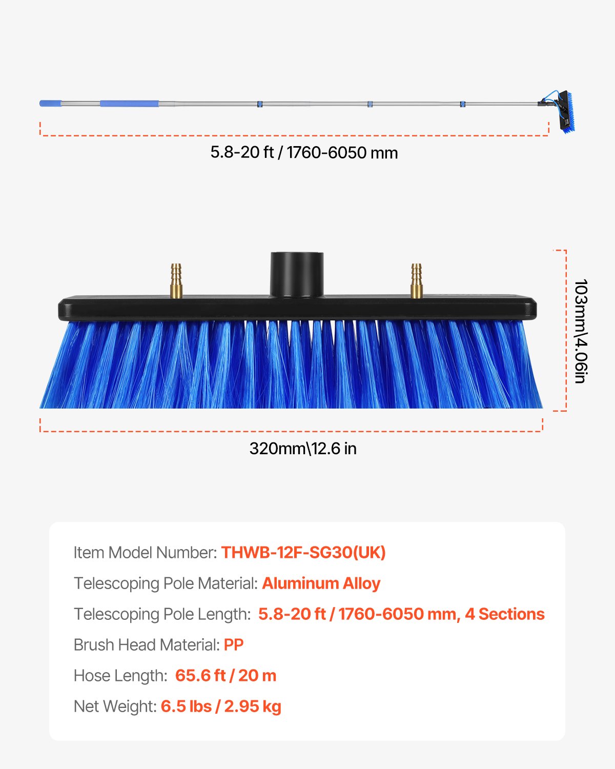 Vattenmatad stångsats, 6 m rengöringsstång för solpaneler med utdragbart handtag, 180° roterbart borsthuvud och 20 m slang, fönsterputsverktyg för hushåll och utomhusbruk för solpaneldäck på husvagn