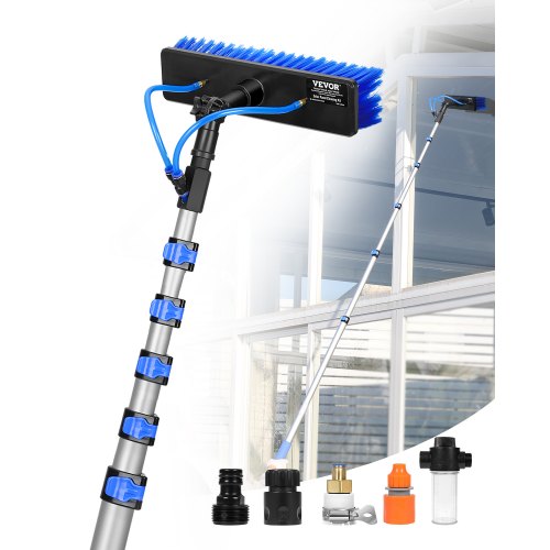 Water Fed Pole Kit, 11m Solar Panel Cleaning Pole with Extendable Handle, 180° Rotatable Brush Head & 20m Hose, Household & Outdoor Window Cleaner Tool for Caravan Solar Panel Deck