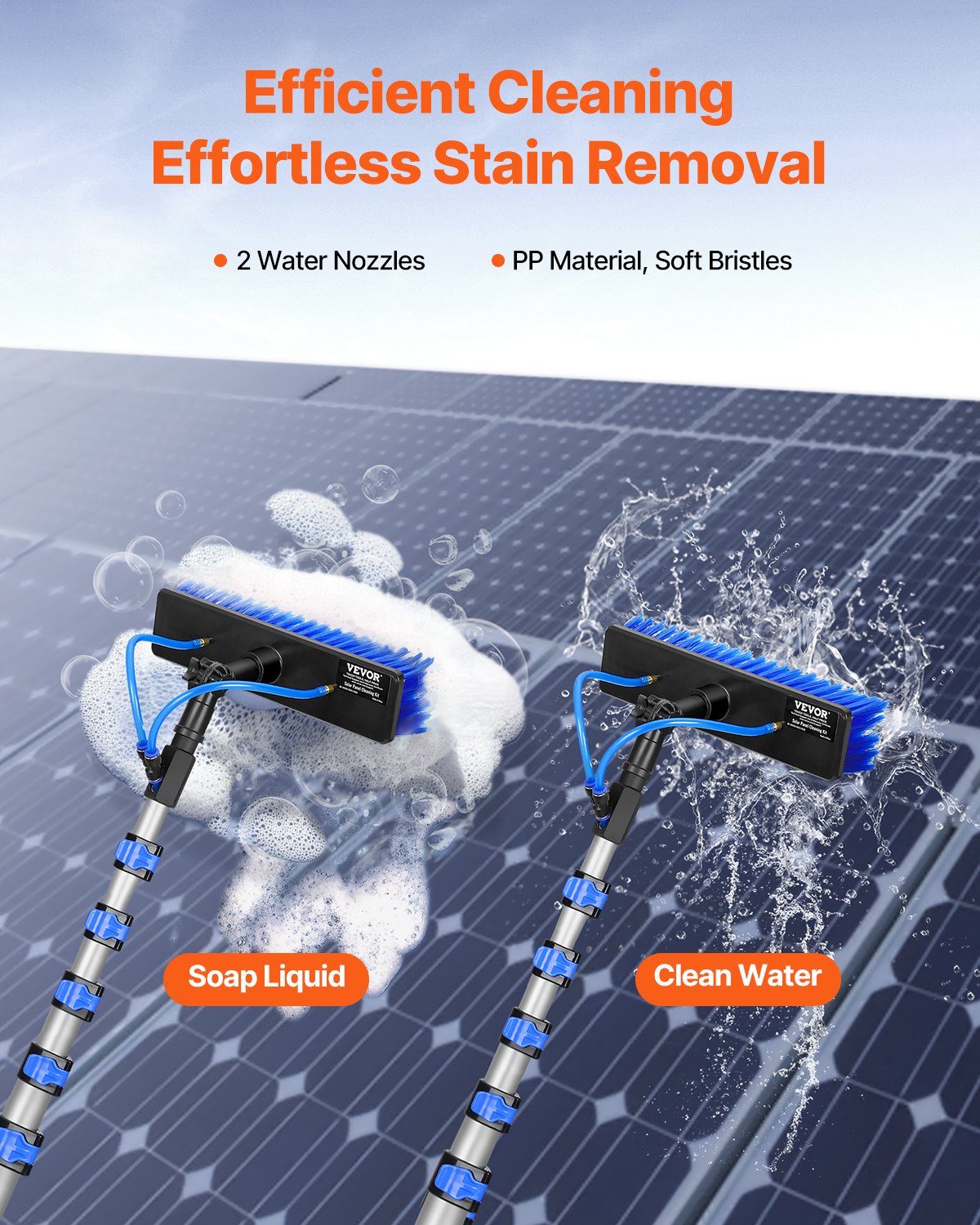 Vattenmatad stångsats, 11 m rengöringsstång för solpaneler med utdragbart handtag, 180° roterbart borsthuvud och 20 m slang, fönsterputsverktyg för hushåll och utomhusbruk för solpaneldäck på husvagn