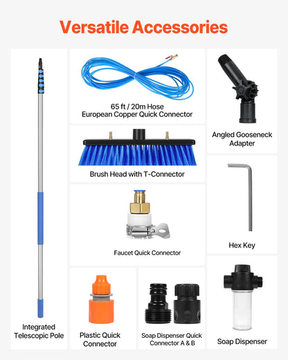 Vattenmatad stångsats, 11 m rengöringsstång för solpaneler med utdragbart handtag, 180° roterbart borsthuvud och 20 m slang, fönsterputsverktyg för hushåll och utomhusbruk för solpaneldäck på husvagn