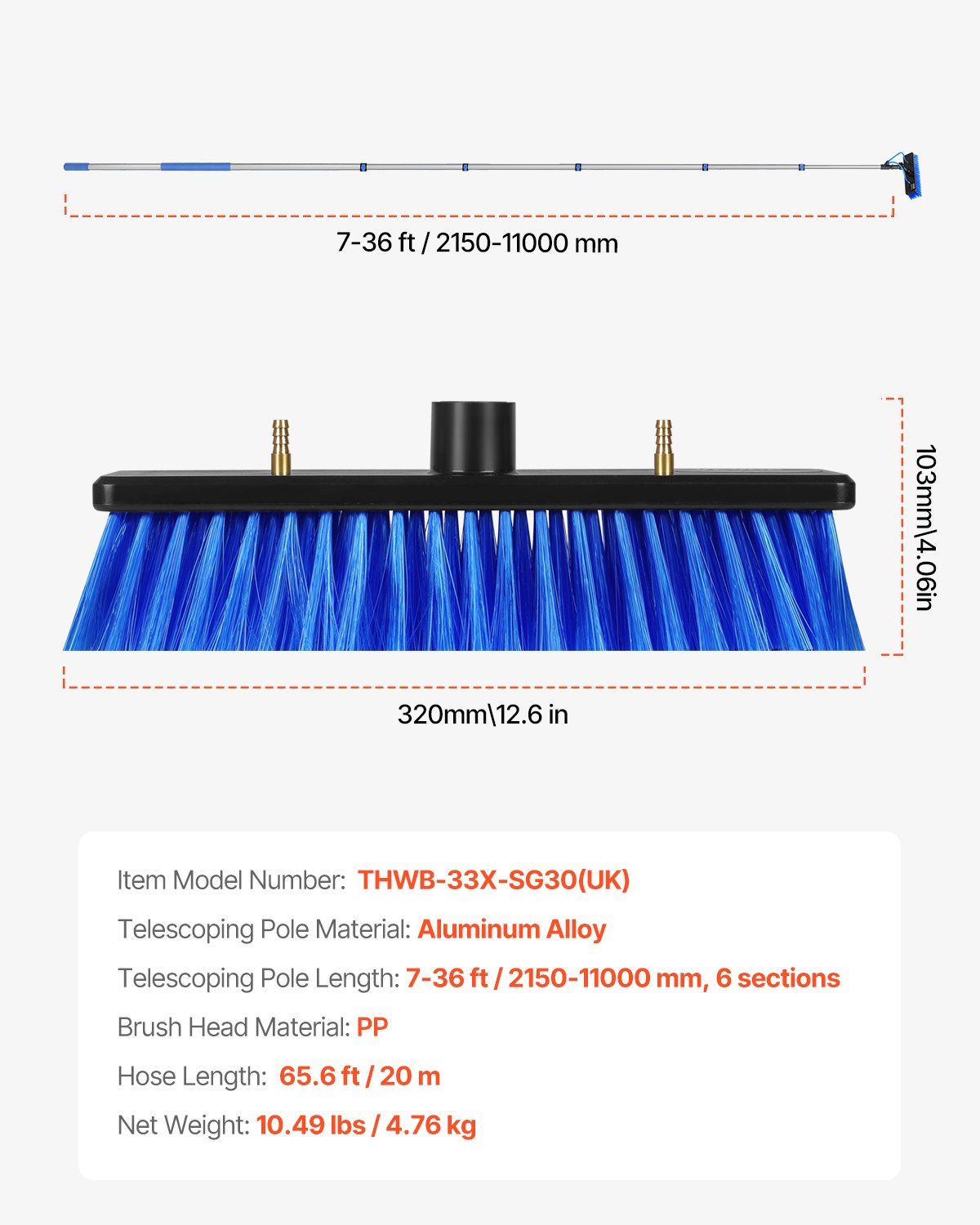 Vattenmatad stångsats, 11 m rengöringsstång för solpaneler med utdragbart handtag, 180° roterbart borsthuvud och 20 m slang, fönsterputsverktyg för hushåll och utomhusbruk för solpaneldäck på husvagn