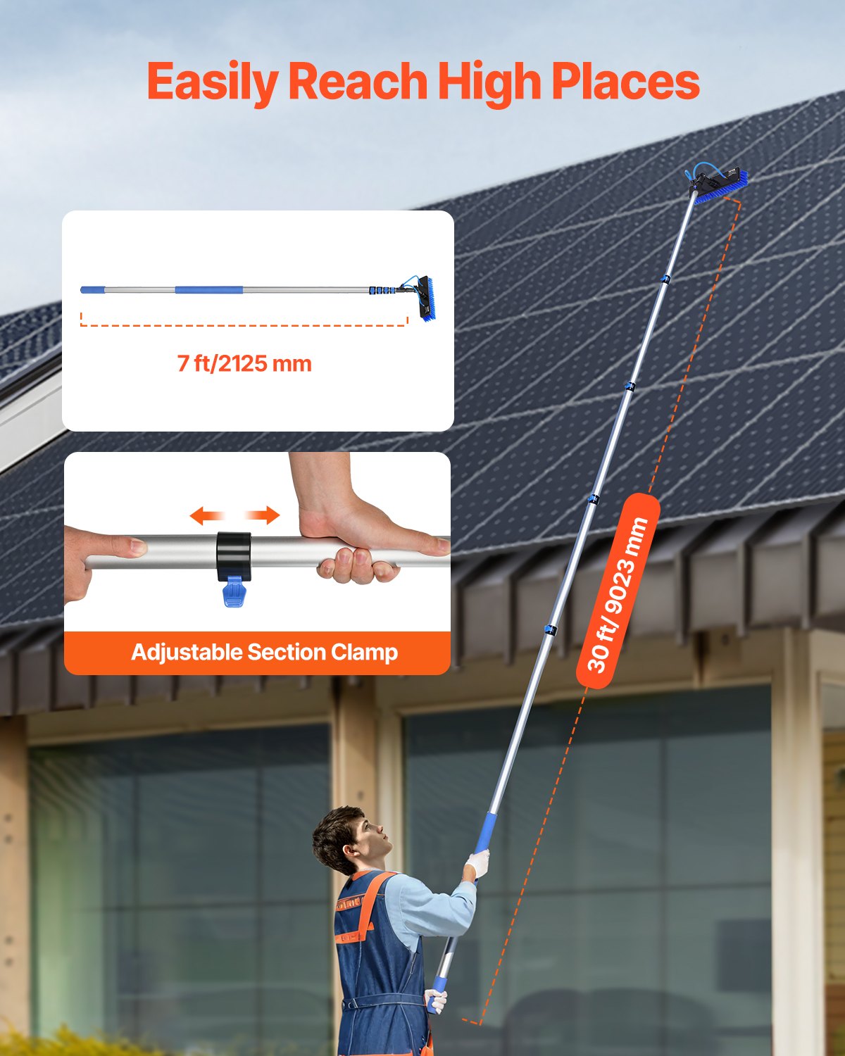 Water Fed Pole Kit, 9m Solar Panel Cleaning Pole with Extendable Handle, 180° Rotatable Brush Head & 20m Hose, Household & Outdoor Window Cleaner Tool for Caravan Solar Panel Deck