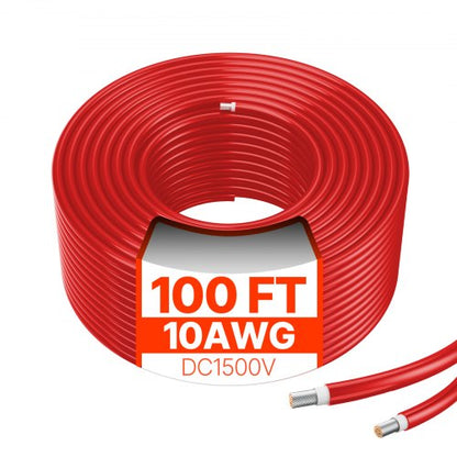 30.48m/100FT Solar Panel Extension Cable, 6mm²/10AWG Solar Extension Cable Wire, 6mm² IP67 Waterproof PV Cable for Home, Ship and RV Solar Panels, Red