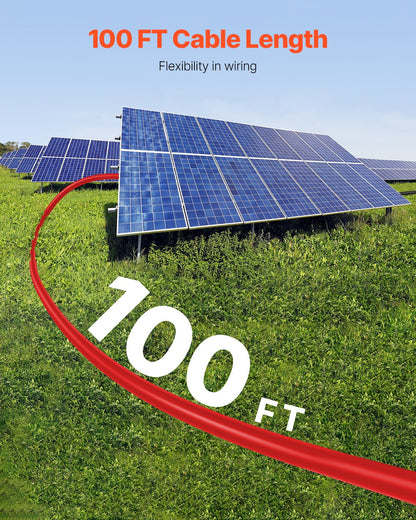 30.48m/100FT Solar Panel Extension Cable, 6mm²/10AWG Solar Extension Cable Wire, 6mm² IP67 Waterproof PV Cable for Home, Ship and RV Solar Panels, Red