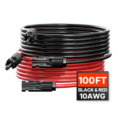 30.48m/100FT Solar Panel Extension Cable, 6mm²/10AWG Solar Extension Cable Wire with Female & Male Waterproof Connectors, 6mm² PV Cable for Home, Ship and RV Solar Panels, 30.48m/100FT Black + 30.48m/100FT Red (Set of 2)