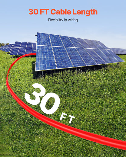 9,14 m/30 fot förlängningskabel för solpaneler, 6 mm²/10 AWG förlängningskabel för solpaneler med vattentäta hon- och hankontakter, 6 mm² PV-kabel för solpaneler i hemmet, på fartyg och husbilar, 9,14 m/30 fot svart + 9,14 m/30 fot röd (set om 2)