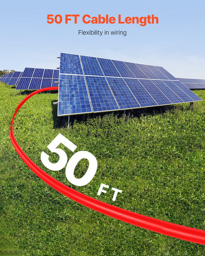 15.24m/50FT Solar Panel Extension Cable, 6mm²/10AWG Solar Extension Cable Wire with Female & Male Waterproof Connectors, 6mm² PV Cable for Home, Ship and RV Solar Panels, 15.24m/50FT Black + 15.24m/50FT Red (Set of 2)