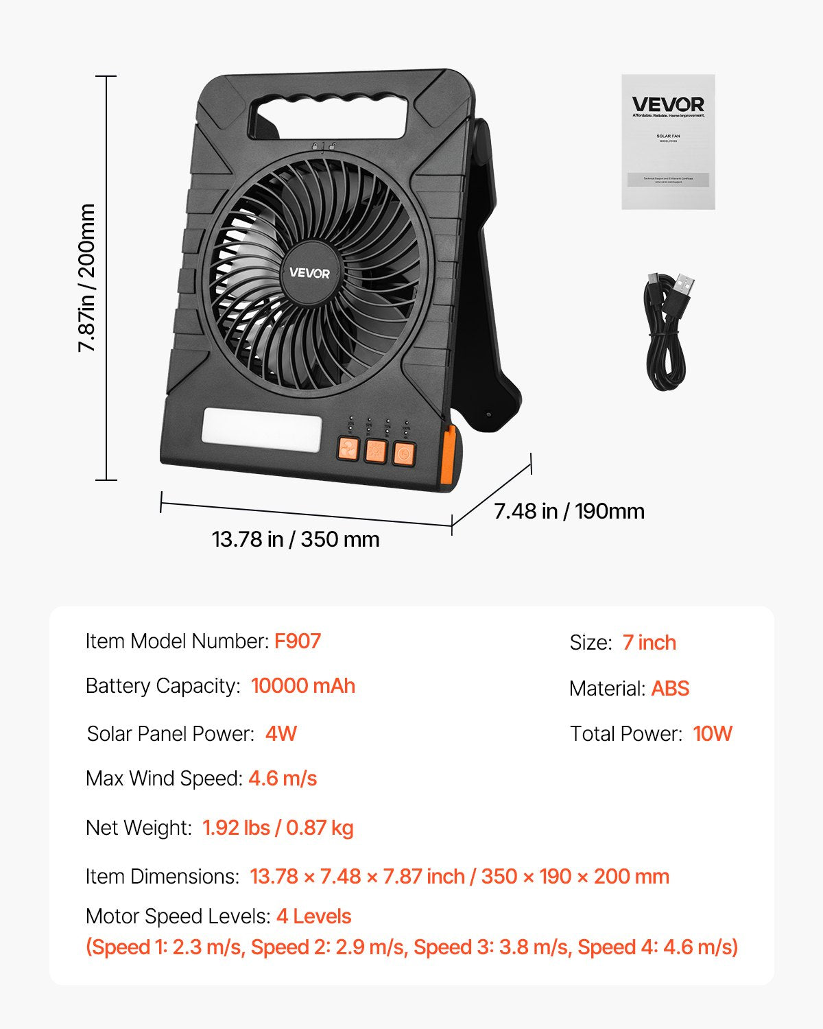 10000mAh Rechargeable Solar Fan with LED Lantern, 18 cm Portable Fan Cordless with 4W Foldable Solar Panel, 4-Speed & Timer & Quiet, USB Battery Powered for Camping Tent Worksite Office Desk