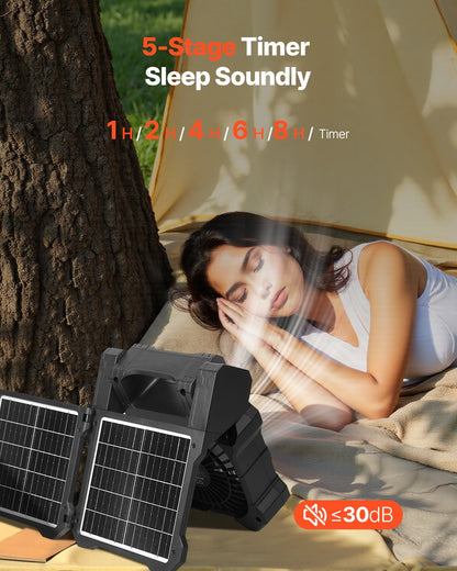 20000mAh Rechargeable Solar Fan with LED Lantern, 20 cm Portable Fan Cordless with 7W Foldable Solar Panel, 5-Speed & Timer & Quiet, USB Battery Powered for Camping Tent Worksite Office Desk
