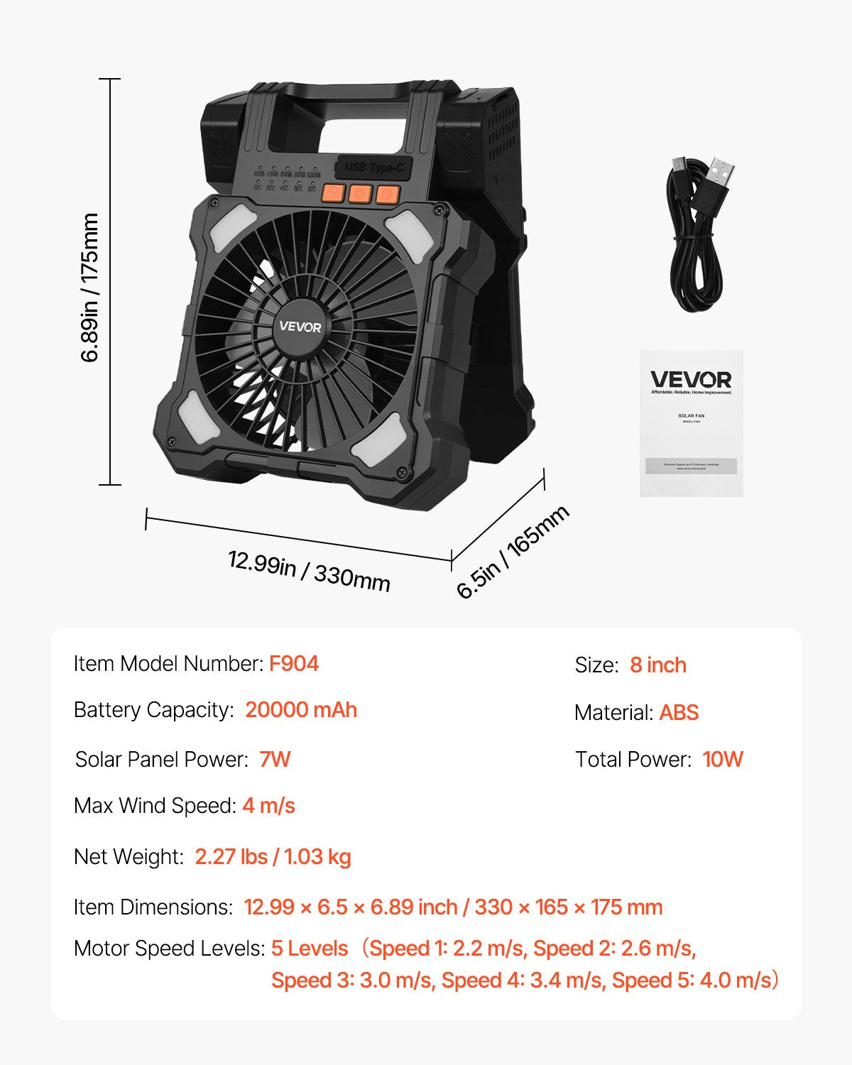 20000mAh Rechargeable Solar Fan with LED Lantern, 20 cm Portable Fan Cordless with 7W Foldable Solar Panel, 5-Speed & Timer & Quiet, USB Battery Powered for Camping Tent Worksite Office Desk