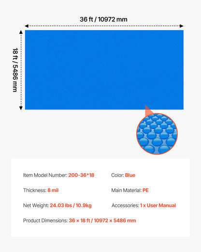 Solar Pool Cover, 10.97 x 5.49m Rectangle Pool Bubble Cover, 8 Mil Pools Solar Blanket with Bubble & PE Material, Daytime Heat Absorption, Nighttime Heat Retention, Heat Retaining Solars Covers, Blue