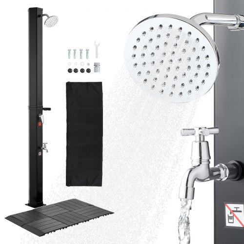 35L Solar Heated Shower, 195cm Showerhead Height Outdoor Shower, with Floor Kit & Foot Faucet, Hot & Cold Water Adjustment, Freestanding for Backyard Poolside Beach Pool,Black