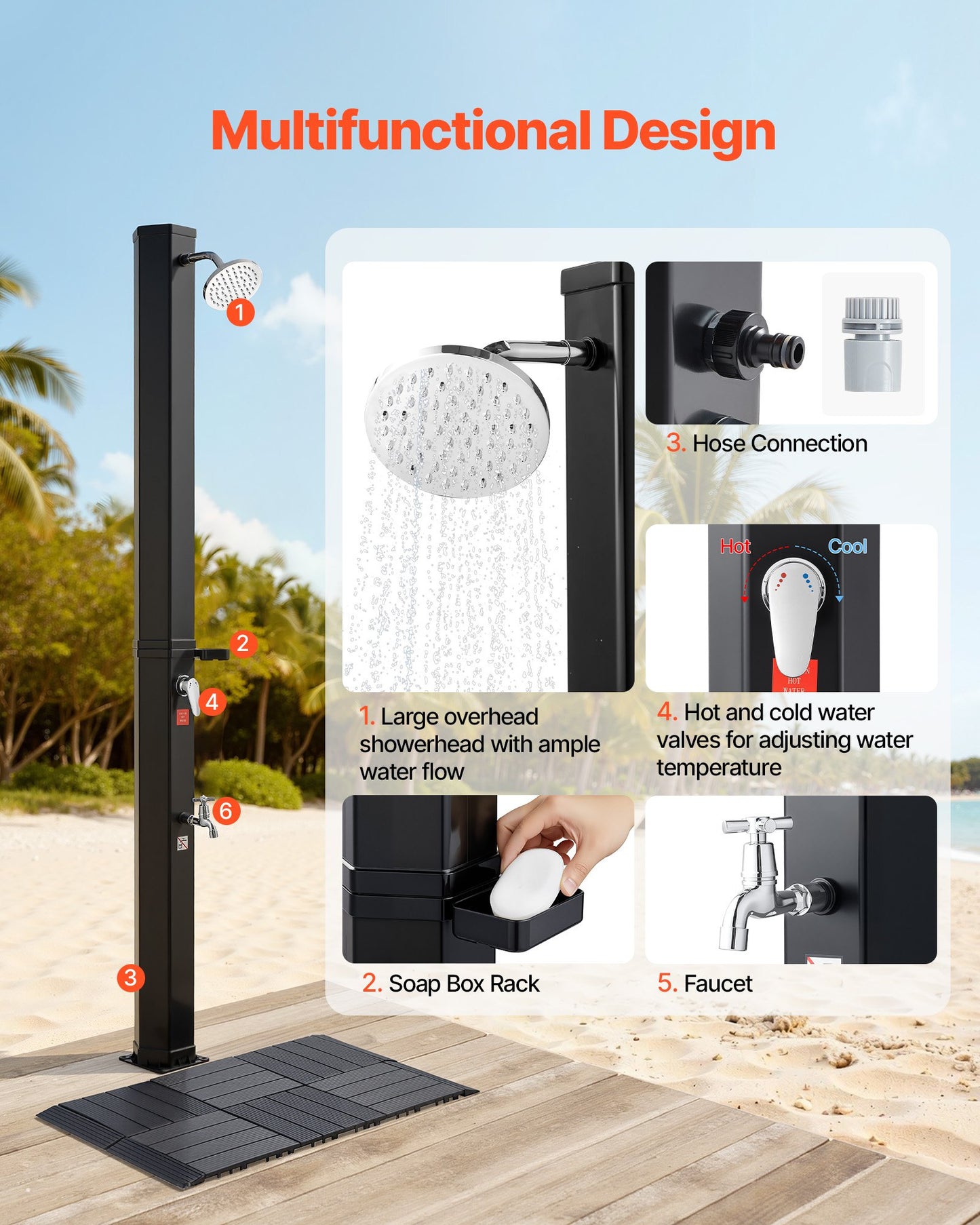 35L Solar Heated Shower, 195cm Showerhead Height Outdoor Shower, with Floor Kit & Foot Faucet, Hot & Cold Water Adjustment, Freestanding for Backyard Poolside Beach Pool,Black