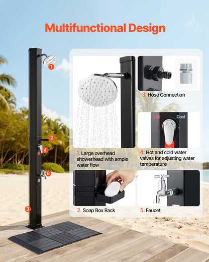 35L Solar Heated Shower, 195cm Showerhead Height Outdoor Shower, with Floor Kit & Foot Faucet, Hot & Cold Water Adjustment, Freestanding for Backyard Poolside Beach Pool,Black