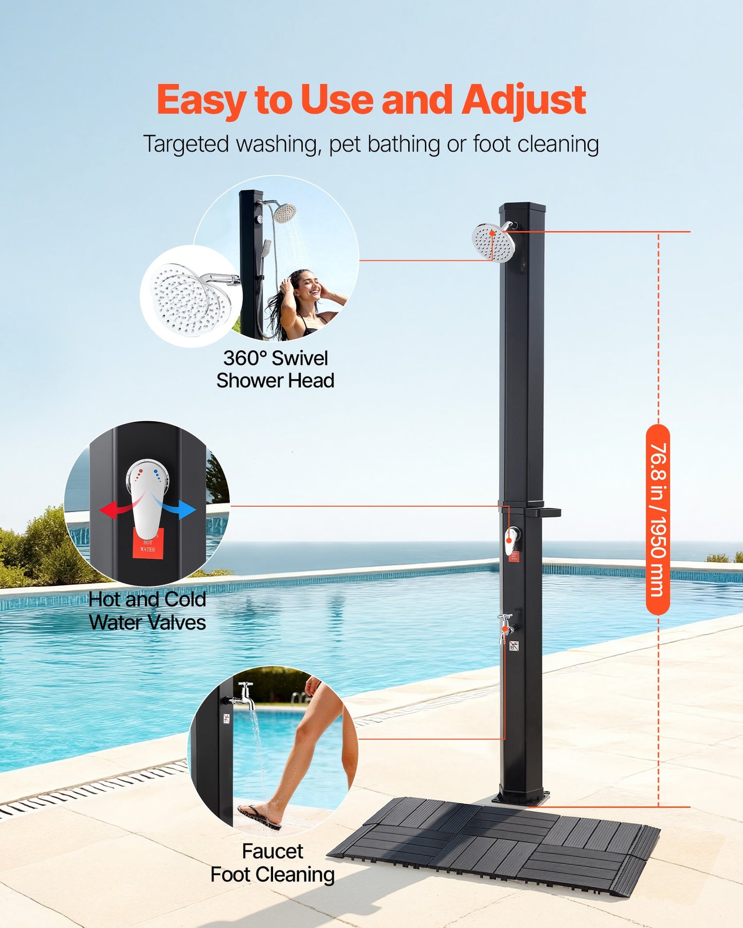 35L Solar Heated Shower, 195cm Showerhead Height Outdoor Shower, with Floor Kit & Foot Faucet, Hot & Cold Water Adjustment, Freestanding for Backyard Poolside Beach Pool,Black