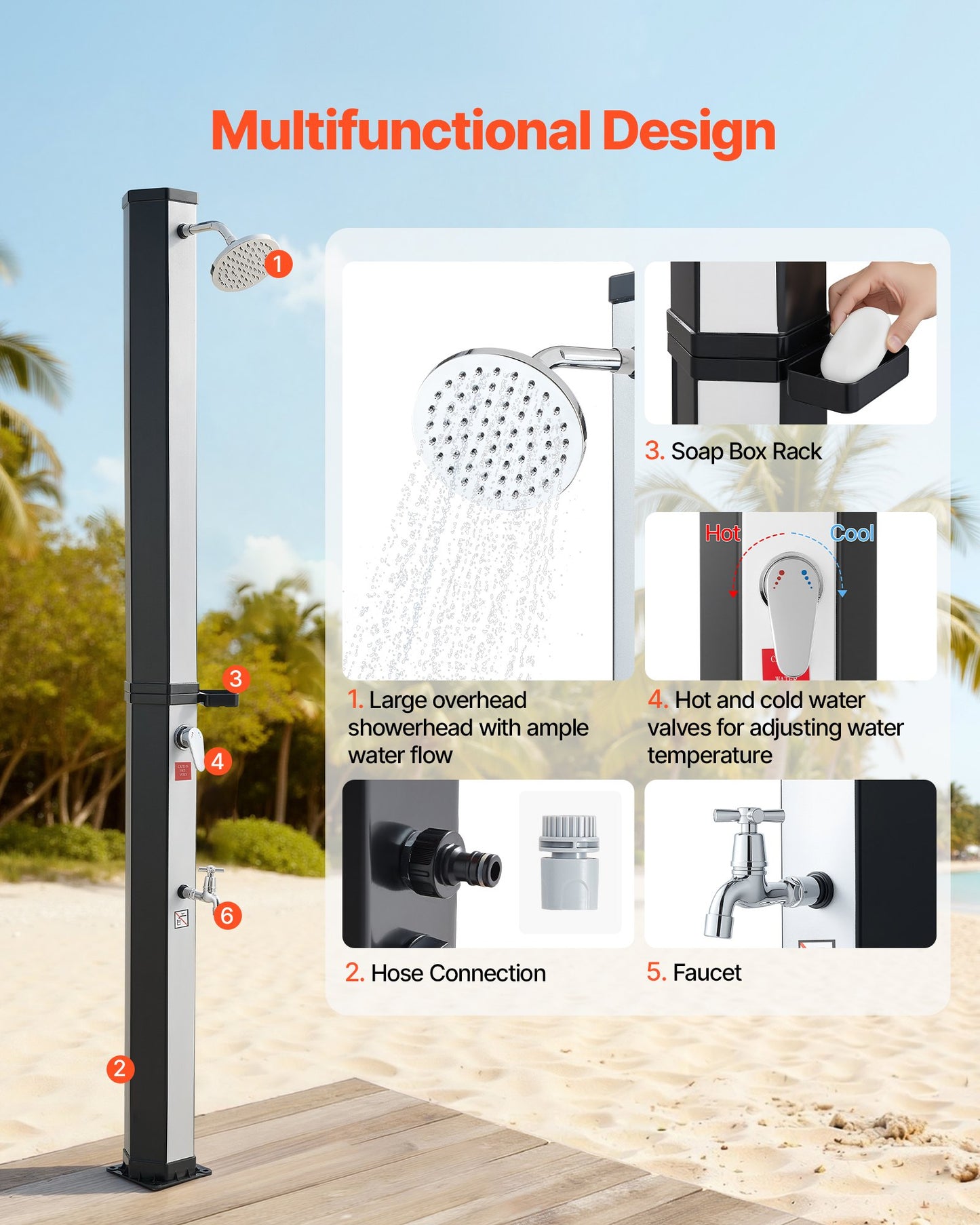 35L Solar Heated Shower, 195cm Showerhead Height Outdoor Shower, with Foot Faucet & Soap Box Rack, Hot & Cold Water Adjustment, Freestanding for Backyard Poolside Beach Pool,Black Silver