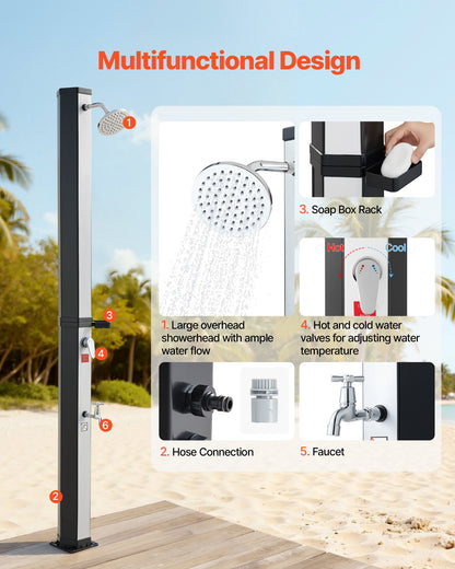 35L Solar Heated Shower, 195cm Showerhead Height Outdoor Shower, with Foot Faucet & Soap Box Rack, Hot & Cold Water Adjustment, Freestanding for Backyard Poolside Beach Pool,Black Silver