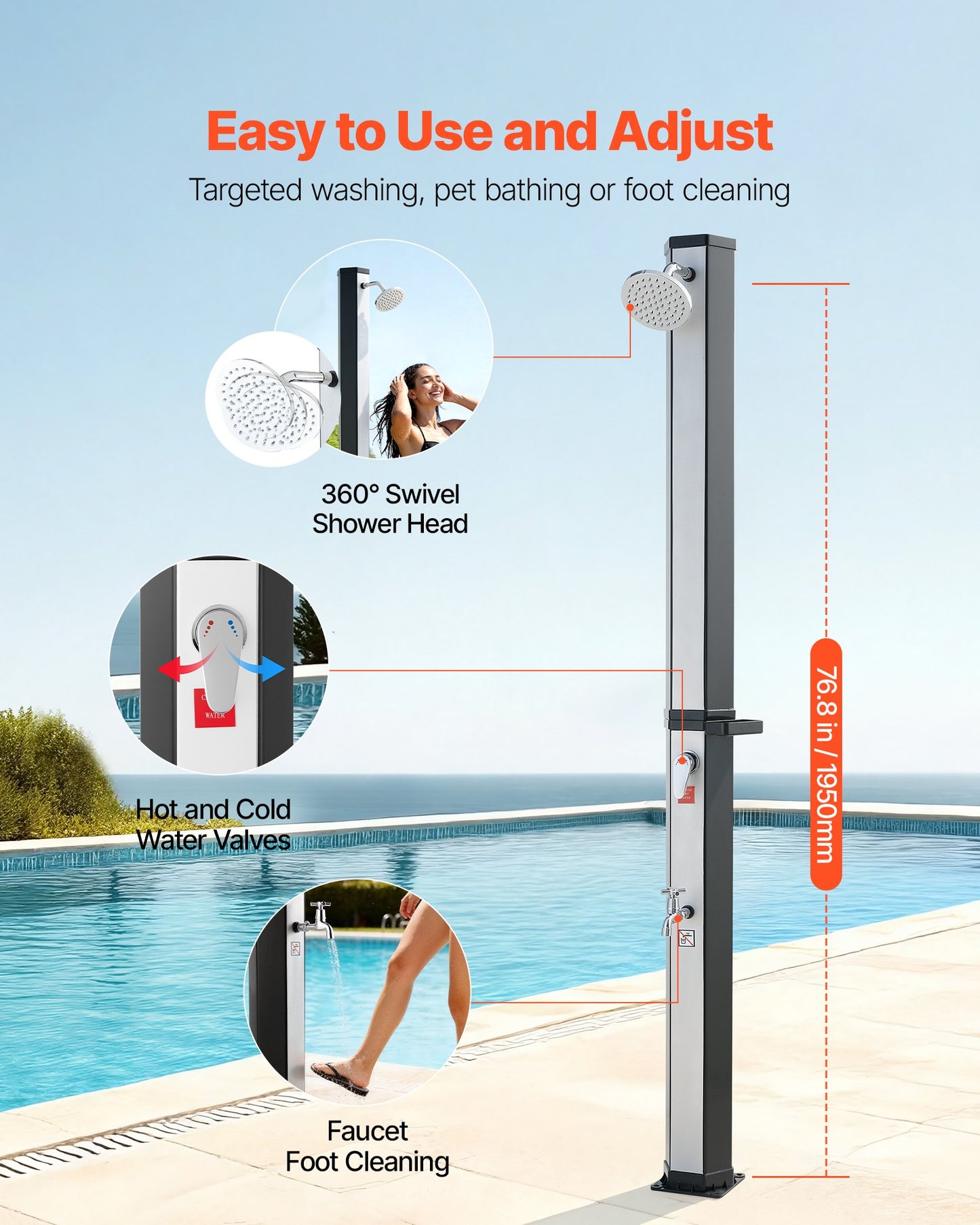 35L Solar Heated Shower, 195cm Showerhead Height Outdoor Shower, with Foot Faucet & Soap Box Rack, Hot & Cold Water Adjustment, Freestanding for Backyard Poolside Beach Pool,Black Silver