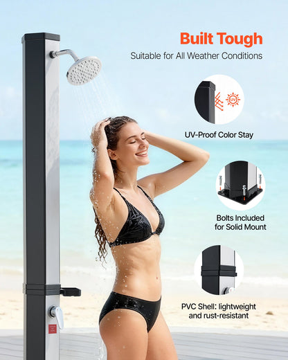 35L Solar Heated Shower, 195cm Showerhead Height Outdoor Shower, with Foot Faucet & Soap Box Rack, Hot & Cold Water Adjustment, Freestanding for Backyard Poolside Beach Pool,Black Silver