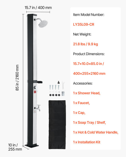 35L Solar Heated Shower, 195cm Showerhead Height Outdoor Shower, with Foot Faucet & Soap Box Rack, Hot & Cold Water Adjustment, Freestanding for Backyard Poolside Beach Pool,Black Silver