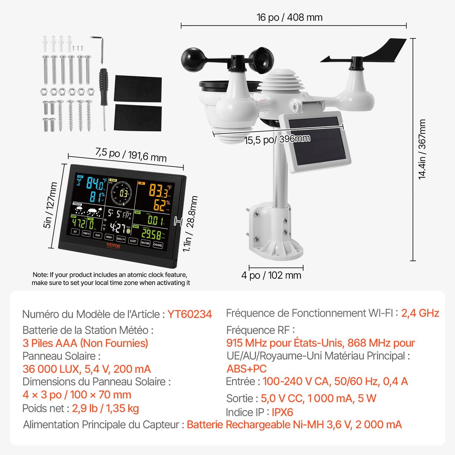 7-i-1 Wi-Fi väderstation, 19,1 cm (7,5 tum) färgskärm, väderstation för hemmabruk inomhus/utomhus, med solcellsbaserad trådlös utomhussensor, larm, för temperatur, luftfuktighet, vindhastighet/riktning, regn