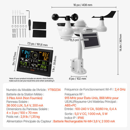 7-i-1 Wi-Fi väderstation, 19,1 cm (7,5 tum) färgskärm, väderstation för hemmabruk inomhus/utomhus, med solcellsbaserad trådlös utomhussensor, larm, för temperatur, luftfuktighet, vindhastighet/riktning, regn